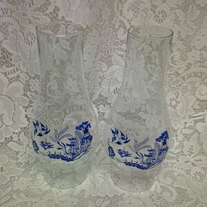 Pair of Blue Willow Glass Chimney 9in, 2.75in Fitter